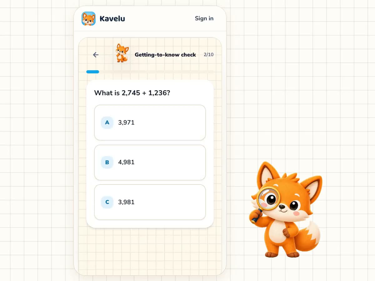 Getting-to-know check on kavelu.app: for 2,745 + 1,236 the child picks 3,971. The result shows that task, 3,971 circled next to the right 3,981: the same mistake 2 times, forgets to carry or regroup across ten, with Filu's explanation. Below: what happens next, Save the result.