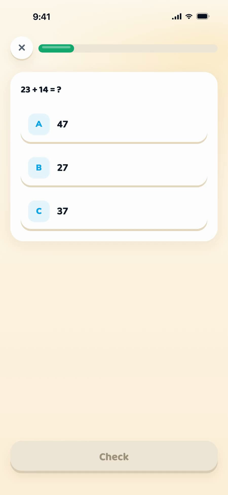 The Kavelu app on an iPhone: for 23 + 14 the child taps 27 and sees “Not quite...”. The hint says “The tens are added too: 20 + 10.” After “Explain it”, Filu’s slide “Tens to tens, ones to ones” shows tens rods and ones cubes: 37. The next task, 42 + 35, is “Correct!”, and the parent area shows “After learning” with an idea for home.