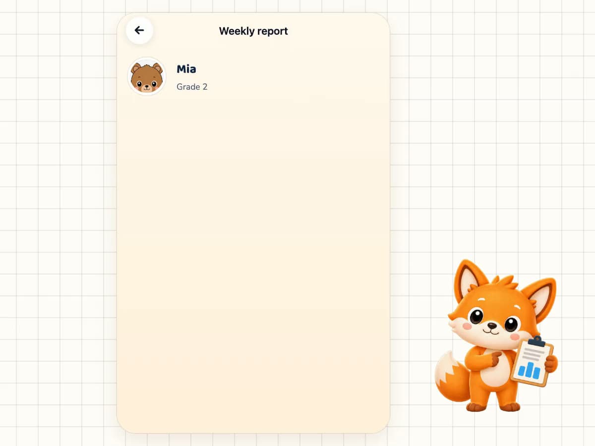 Weekly report in the Kavelu app, example: next step “Work through Addition to 100 Without Carrying”, 10 minutes, with how it works and a tip for home; this week 38 tasks, 84% correct, 46 minutes.
